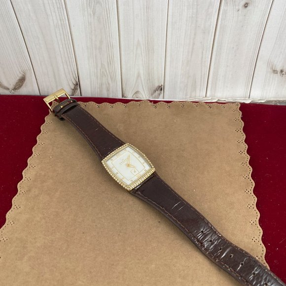 Vintage Skagen Gold Cushion Watch Crystals White Enamel Sub Dial Brown Strap main image 8